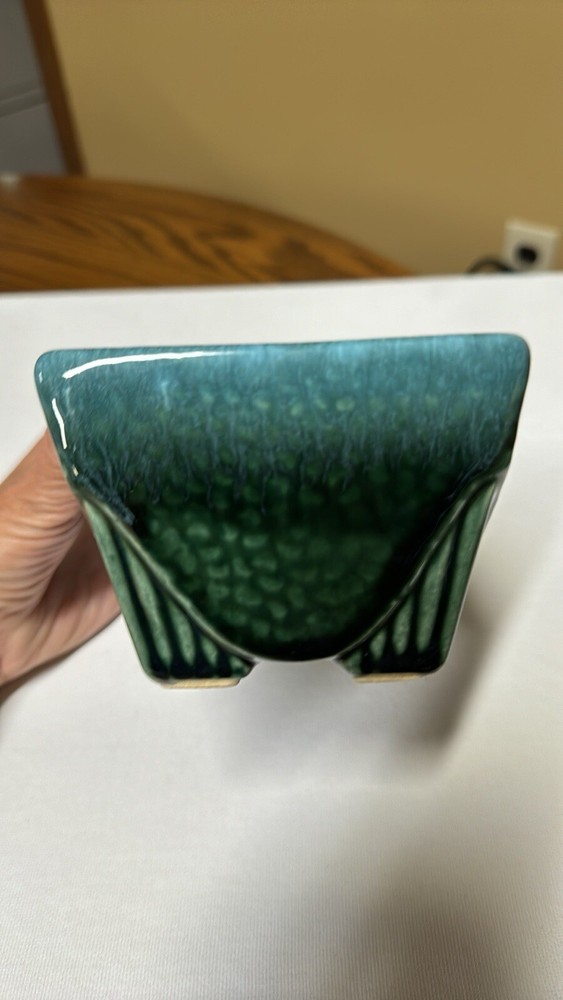 Hull Pottery USA 75 Footed Green with blue drip glaze Rectangular Planter