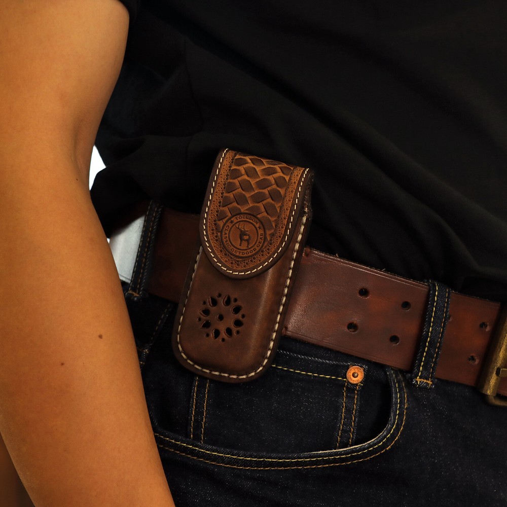 TOURBON Leather Multitool Belt Holster Folding Knife Horizontal/Vertical Sheath