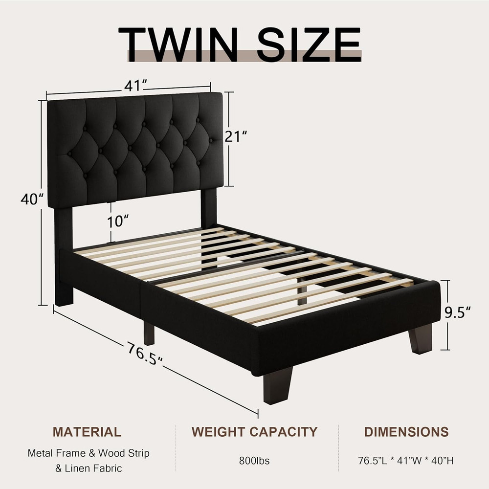 Einhomn Twin Upholstered Bed Frame with Headboard, Button Tufted Linen Bed Base,