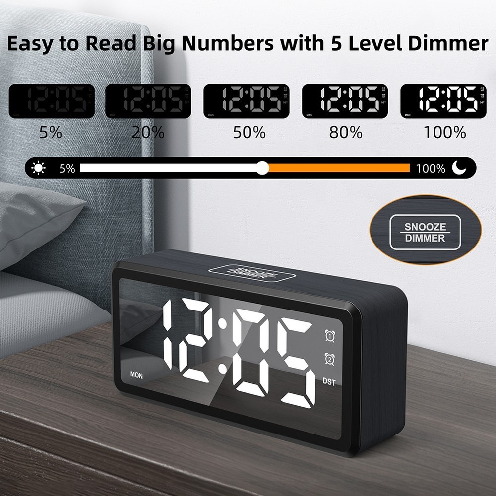 Sleek Compact Digital Alarm Clock Offering 5 Level Brightness Adjustment