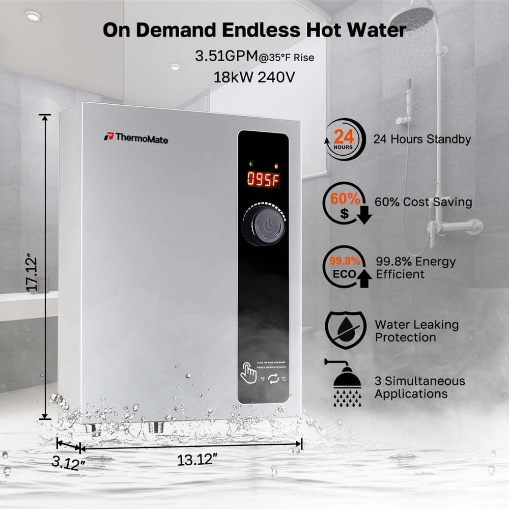Tankless Water Heater Electric 18kW at 240 Volt, ThermoMate , Shower, Draw 76Amp