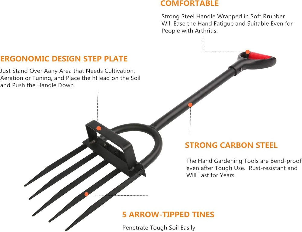 5-Tine Heavy Duty Pitch Fork for Gardening - Long Handled Digging Fork