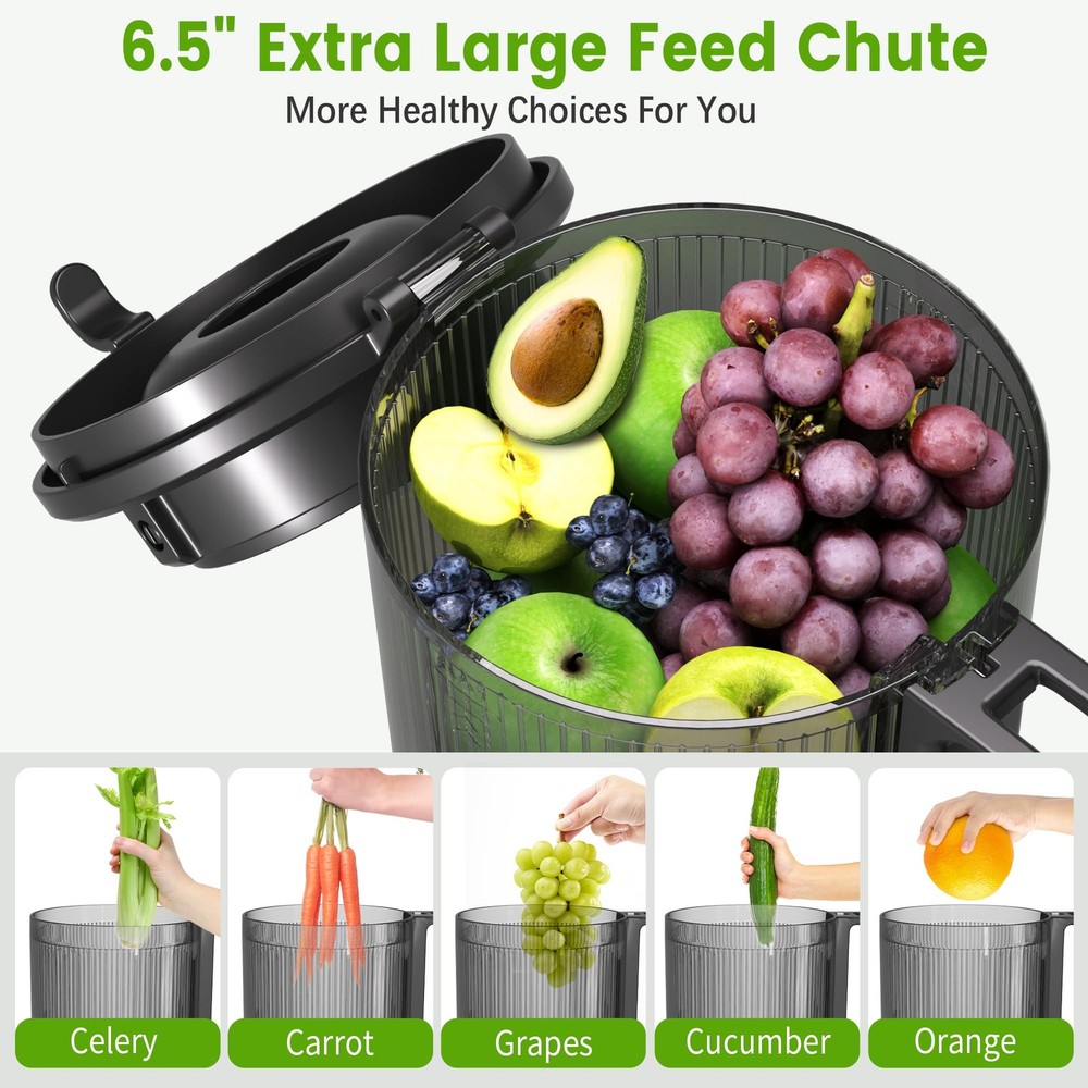 Cold Press Juicer, 6.5" Wide Feed Chute Juice Extractor Machine with Handle, ...