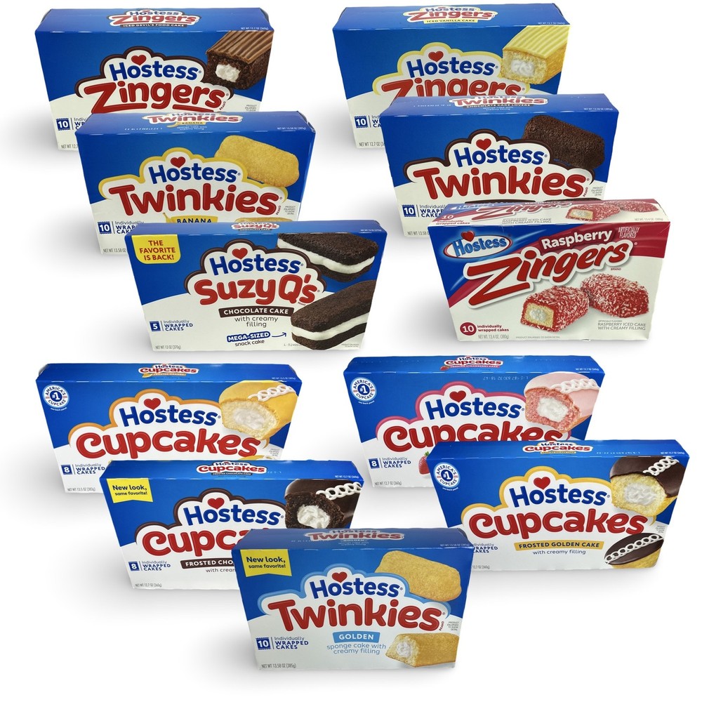 Hostess Snack Cakes Multipack Box, Featuring Cupcakes, Zingers, Suzy Qs, and Twi