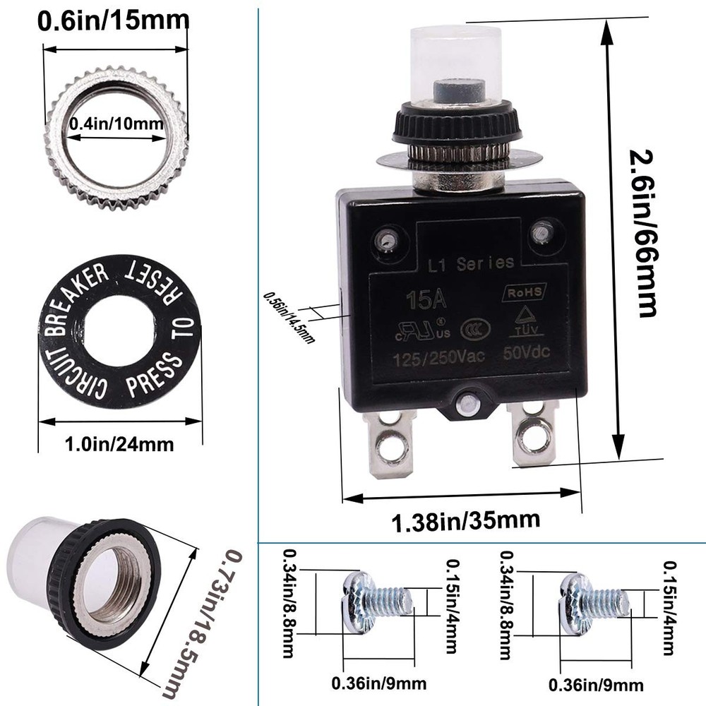 mxuteuk 2Pcs 20Amp Circuit Breakers Push Button Manual Reset 125/250V AC 20A