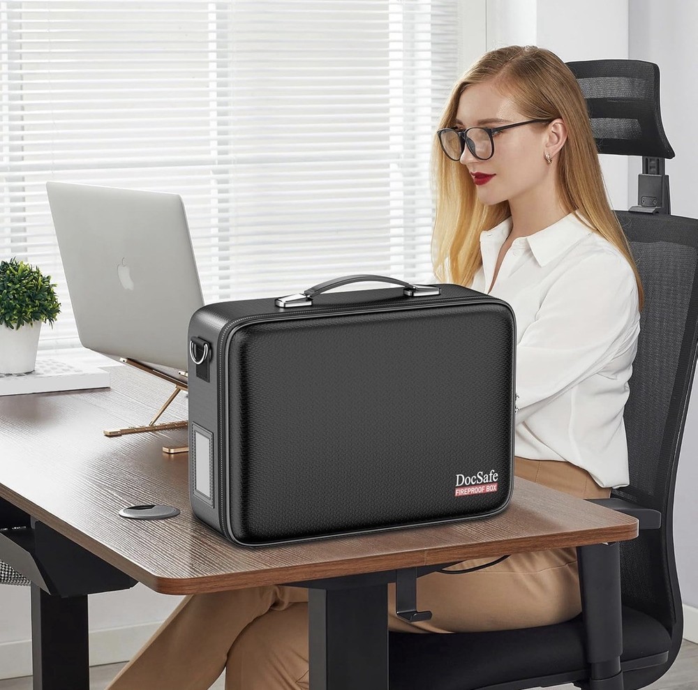 DocSafe Fireproof Document Box with Lock＆Shoulder Strap, Hard-Shell Case--BLUE