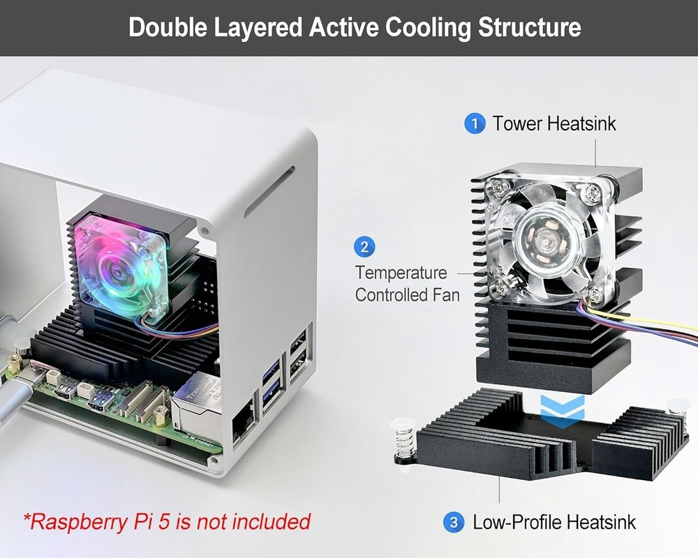 Mini Tower Case with RGB Fan for Raspberry Pi 5 - Silver