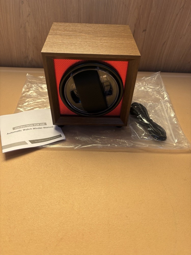 Automatic Watch Winder Single Wood Grain Display Case Red Interior Quiet Motor