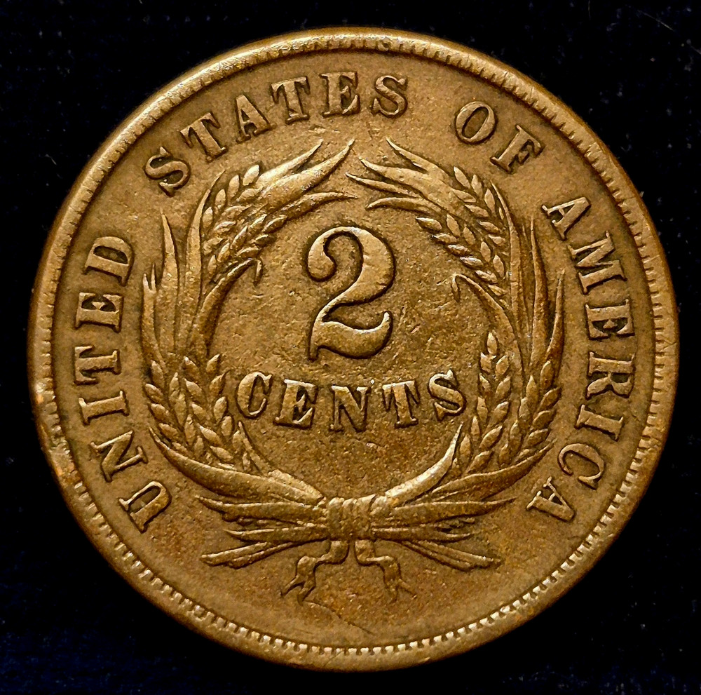 1864 2 Cent Piece Bold XF+ Features, Partial "We" Large Motto, Broadstrike Error