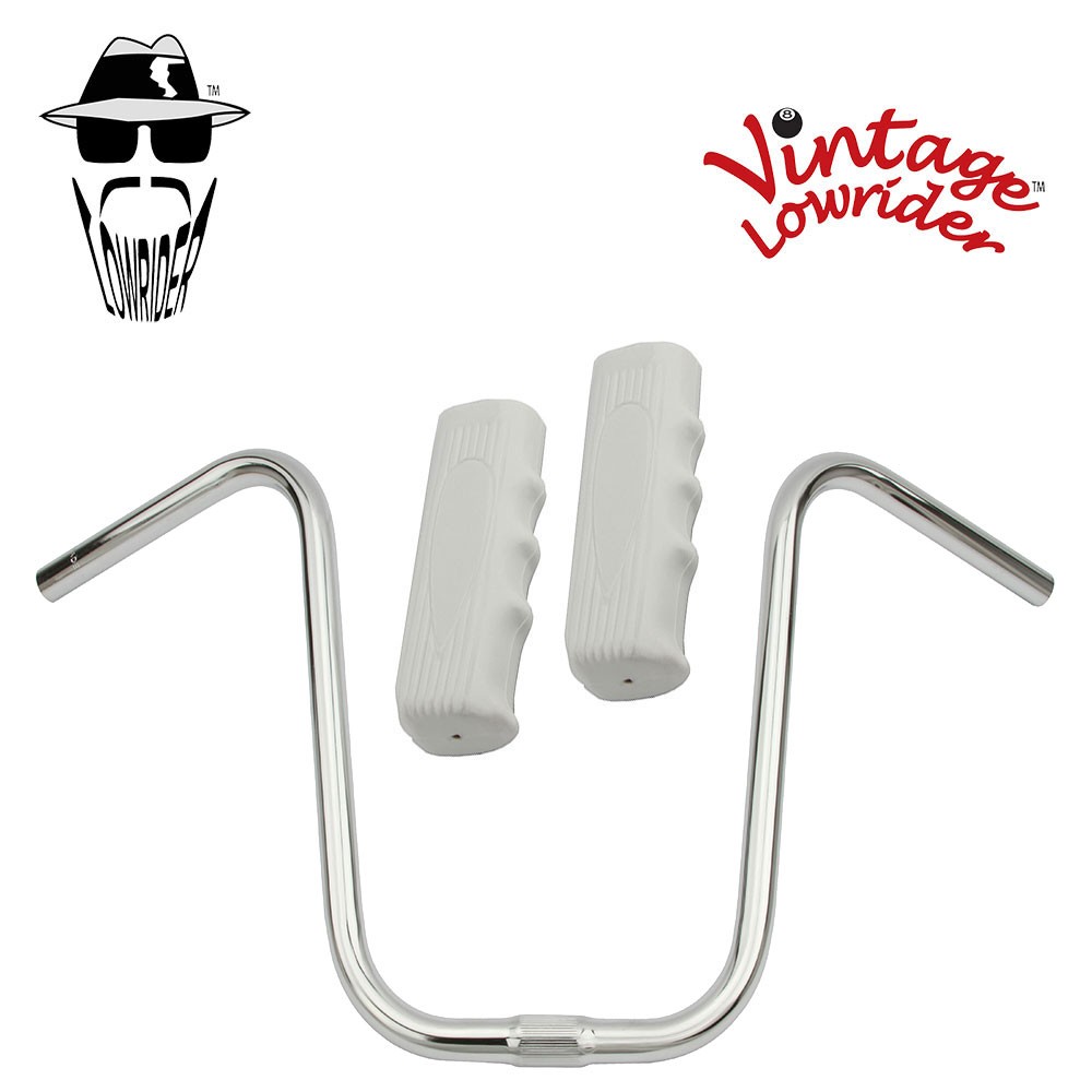 Original Lowrider 13" 25.4 U Handlebar Chrome Custom 120mm Grips Solid/White