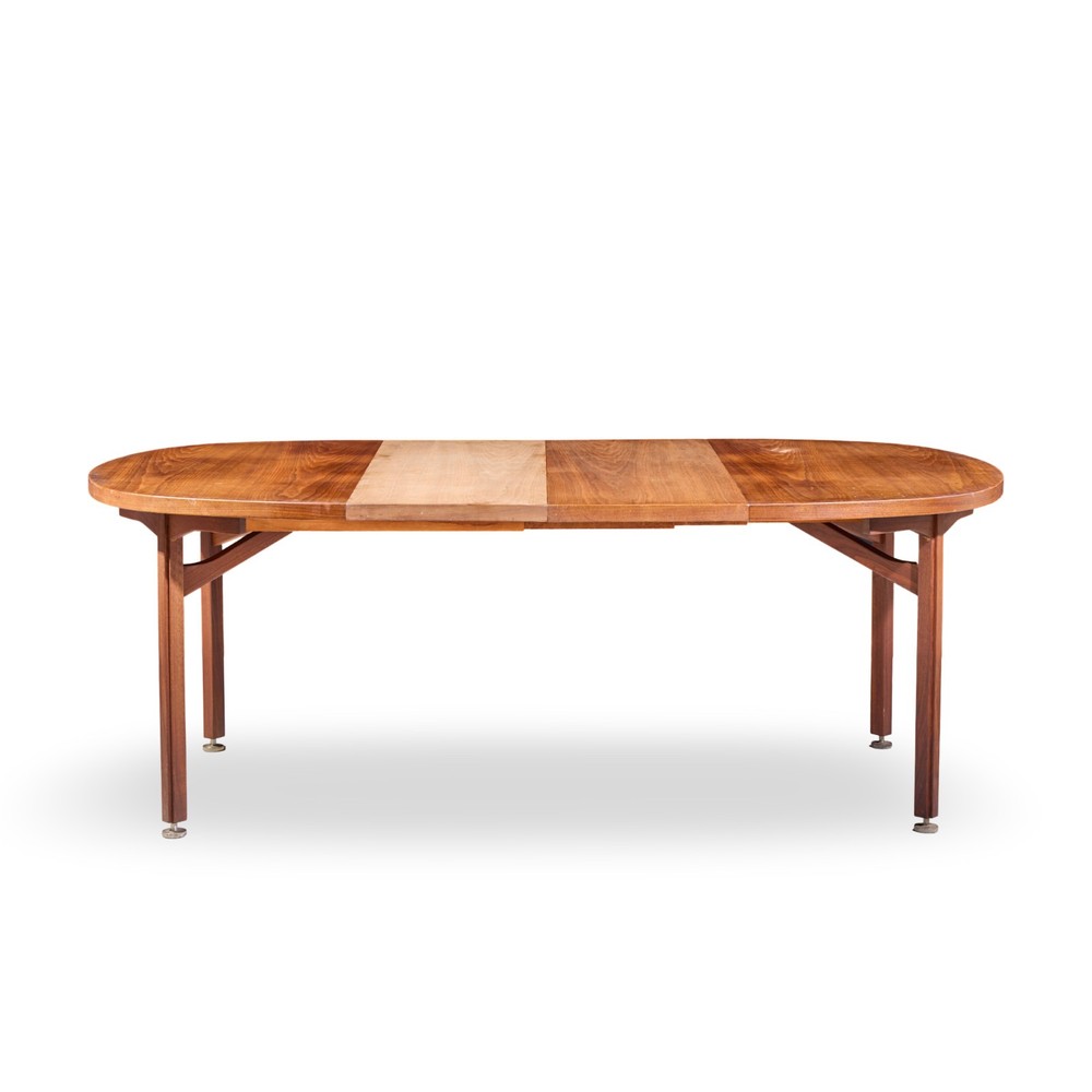 Jens Risom Mid Century Walnut Round Expanding Dining Table with 3 Leaves