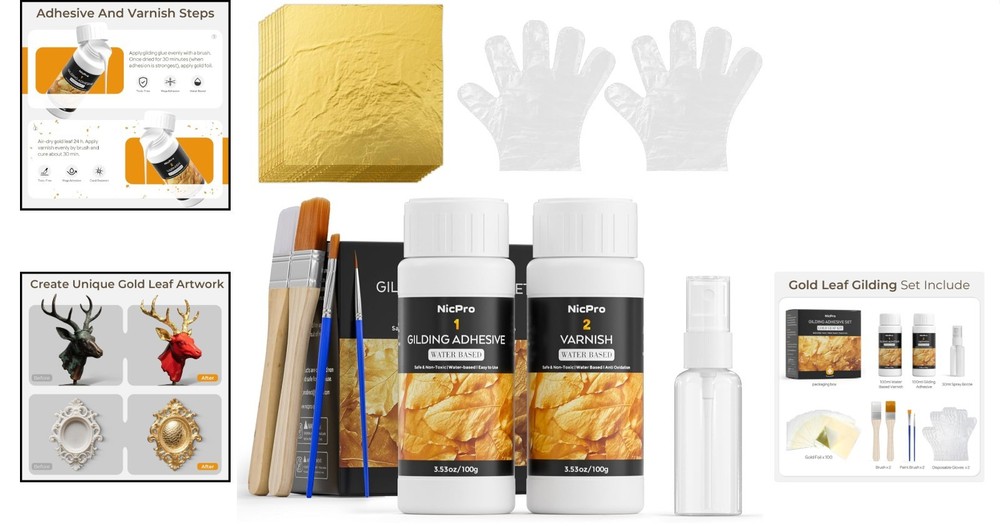 Eco-Friendly Gold Leaf Adhesive Kit with 100 Sheets & Easy Application Tools