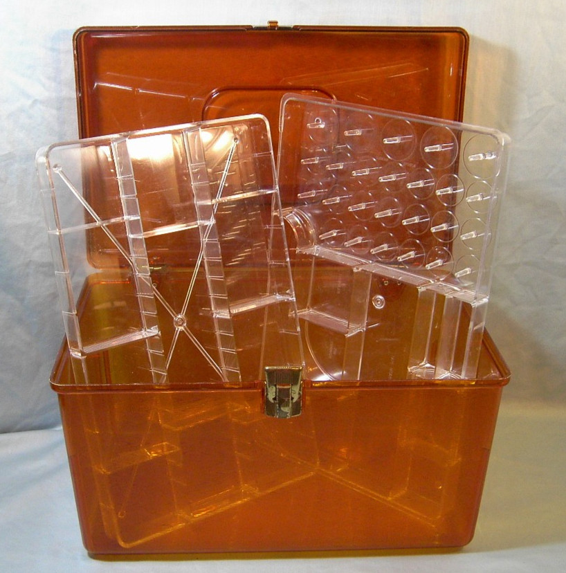 Vintage Plastic Sewing Box 2 Trays Adjustable Compartment Handle Amber Original