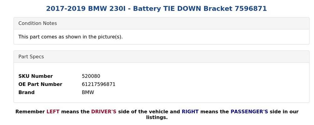 2017-2019 BMW 230I - Battery TIE DOWN Bracket 7596871