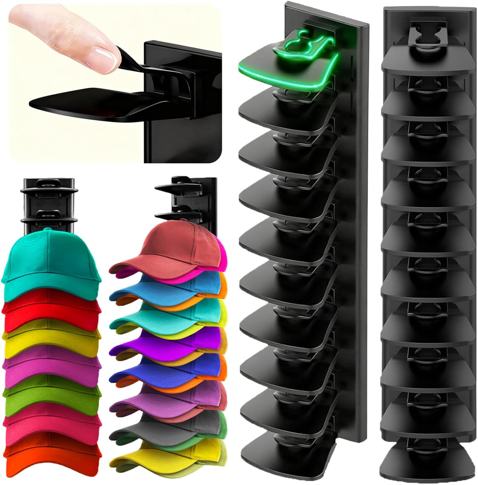 2 Pack Hat Organizer Baseball Cap Locking Tech Hat Rack Strong Adhesive Hat Wall