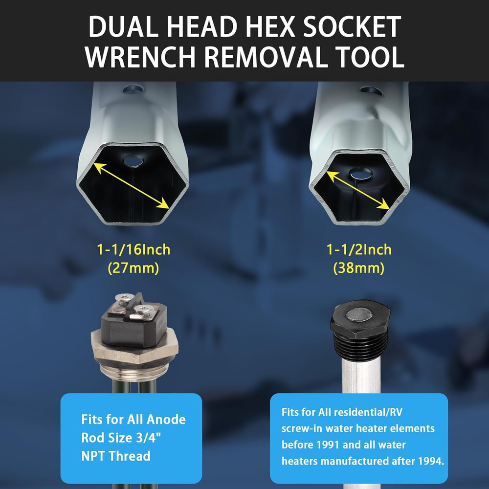 RV Water Heater Element Wrench Socket - Dual Hex Anode Rod Socket, 1-1/16" X 1-1