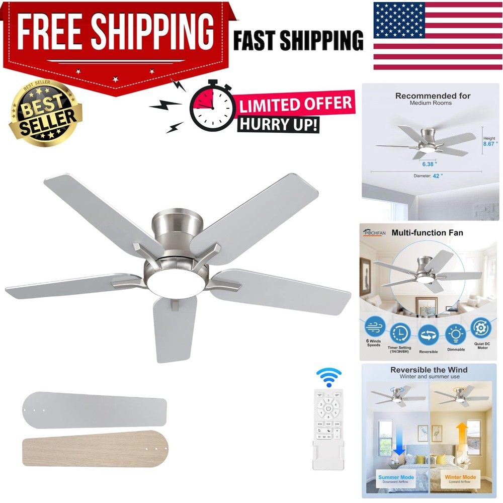 Versatile 42-Inch Reversible Ceiling Fan with LED Light & Timer - Low Profile