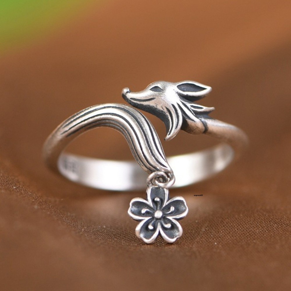 Solid 925 Sterling Silver Band Women Lucky Flower Fox Open Ring