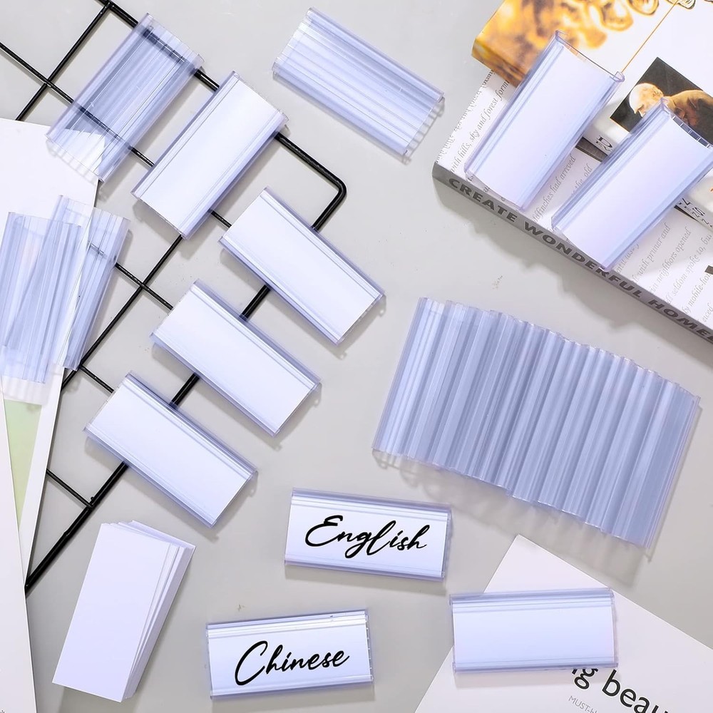 200 Clear Plastic Shelf Label Holders with Paper Inserts for Easy Organization