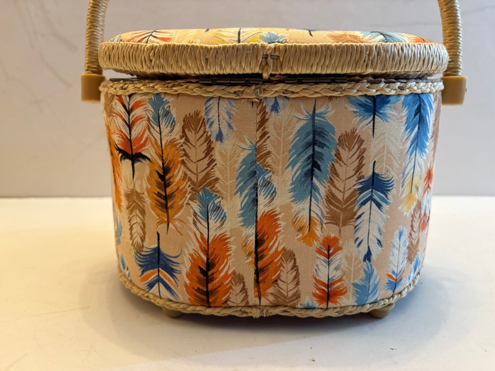 Sewing Basket Caddy Storage, Padded Feather Fabric, Tray Inside