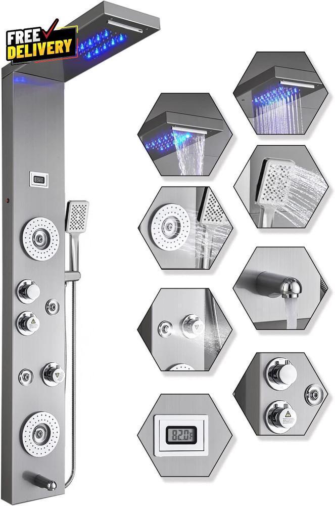 Stainless Steel Shower Panel Tower LED Rainfall Waterfall 6-Function