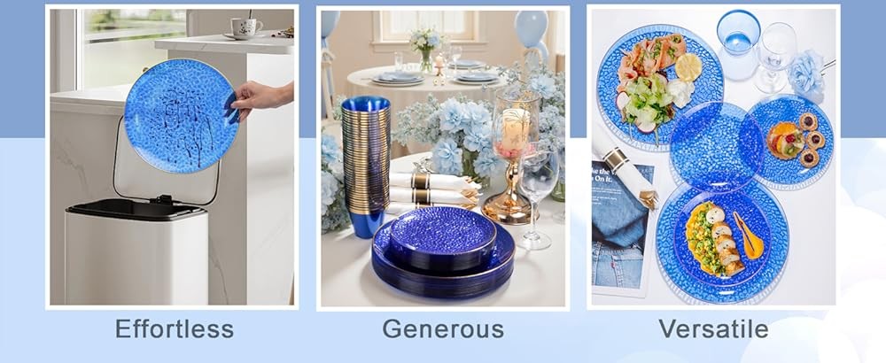 Blue Gold Plastic Plates - Blue Plastic Dinnerware Set Includes 25