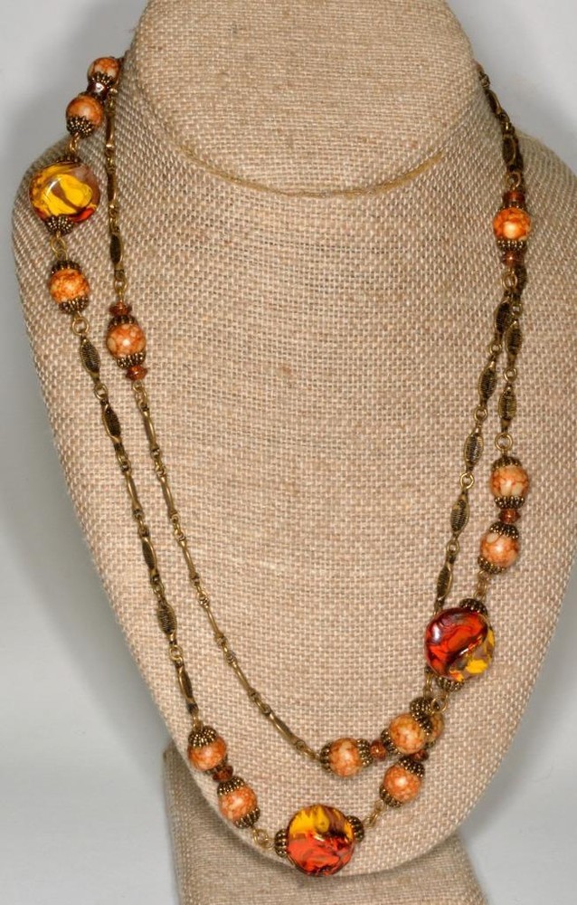 Vintage Brass tone Filigree Multicolored Beads 41" Necklace