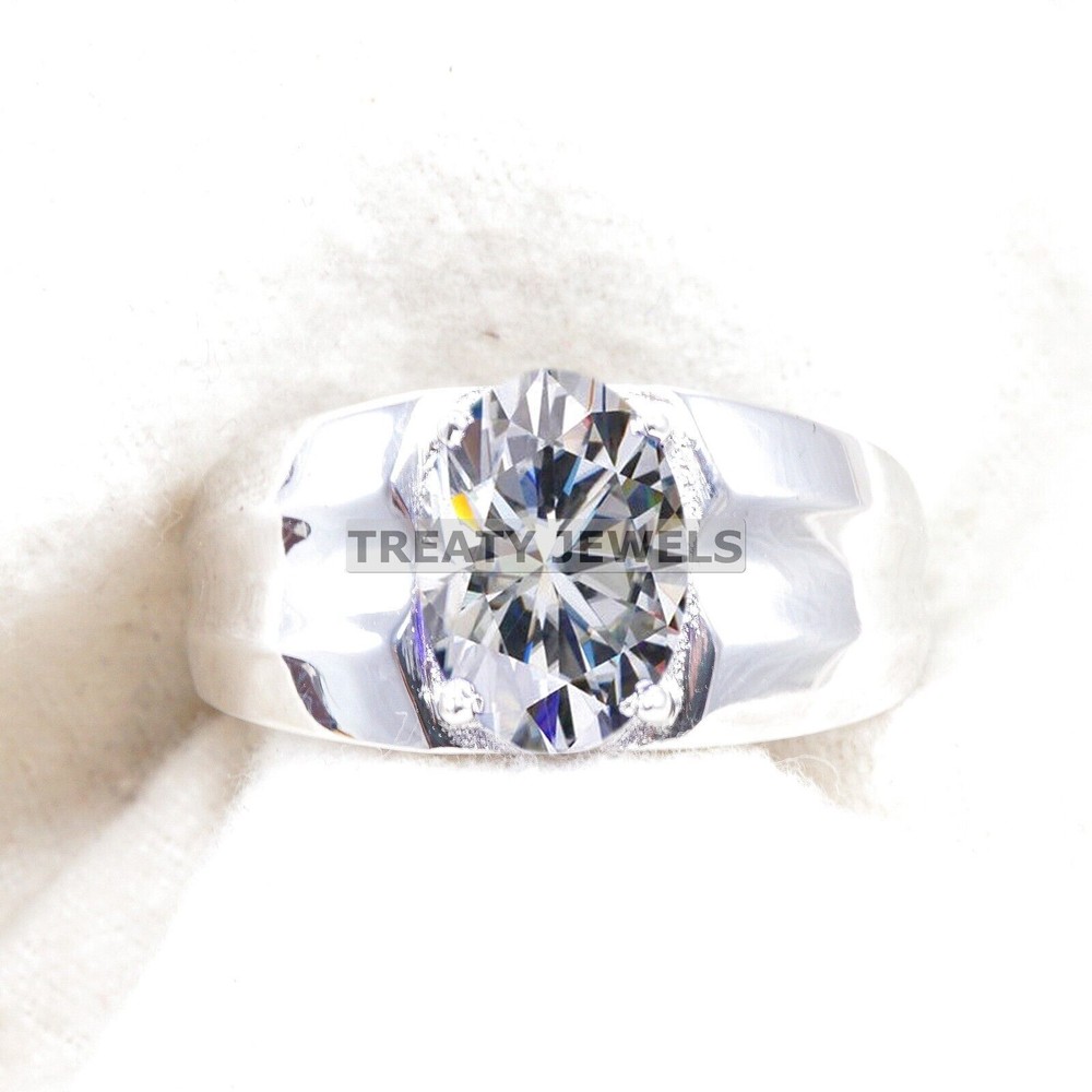 Moissanite Oval Cut Gemstone With 14K Solid White Gold Ring For Men's #B335