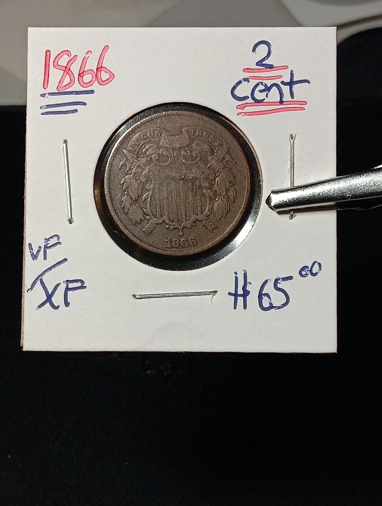 👉1866 2 c. Piece Vf/xf