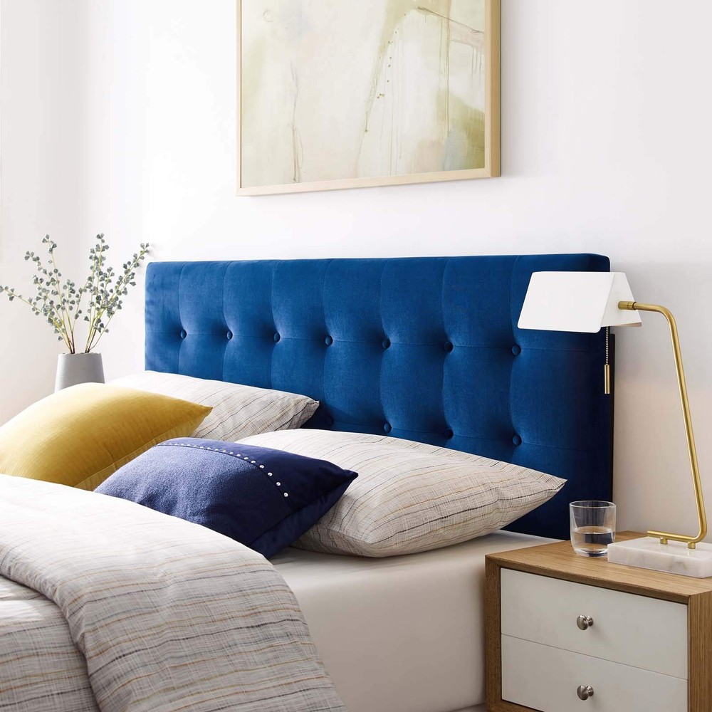 Emily Full Velvet Tufted Headboard with Adjustable Height Navy Blue