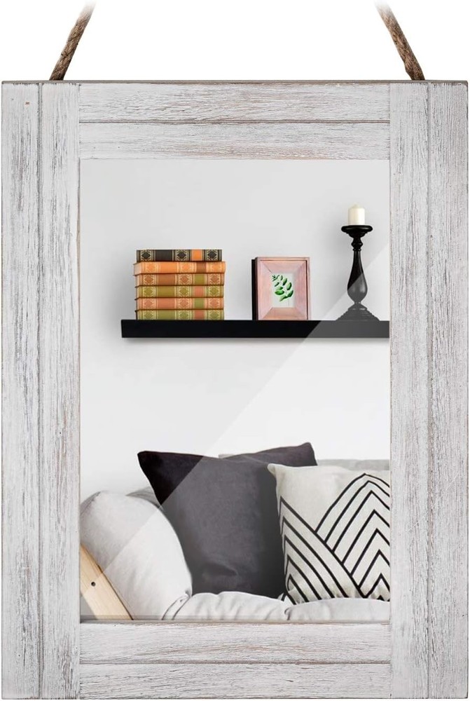 Rectangle Wall Mirror Bathroom Distressed White Wood Decor W/ Hanging Rope