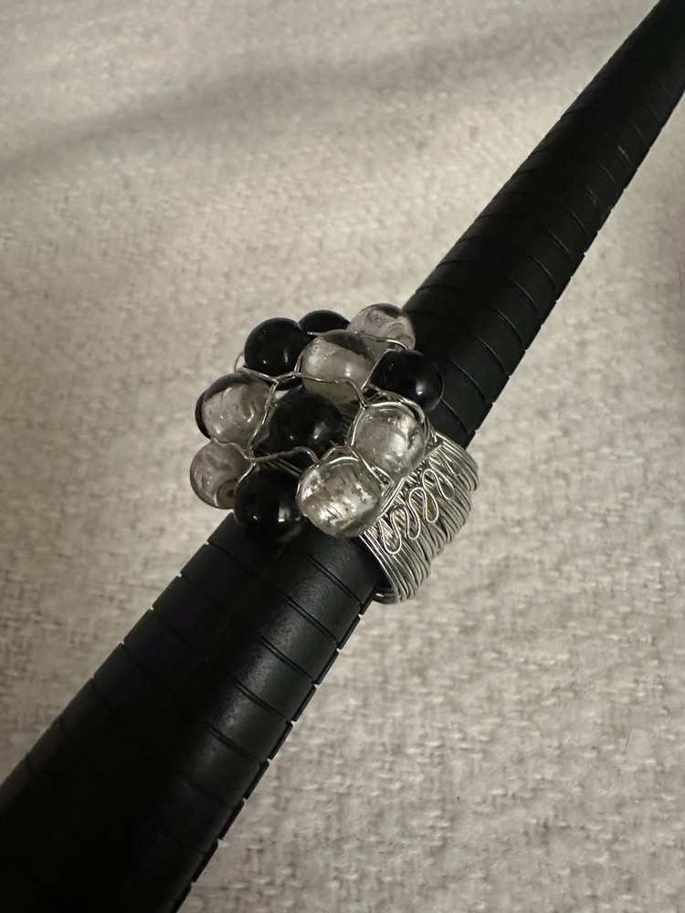Black Bead & Silver Foil Clear Bead Wire Wrapped Statement Ring Size 9