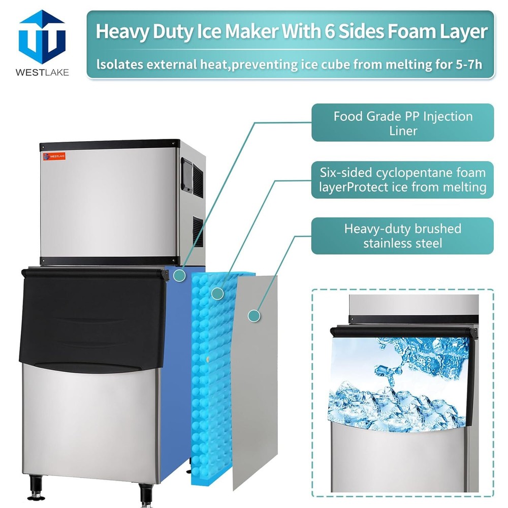 Commercial Ice Maker Machine, 350 lbs Ice Makers with 230lbs Storage, Full Cube