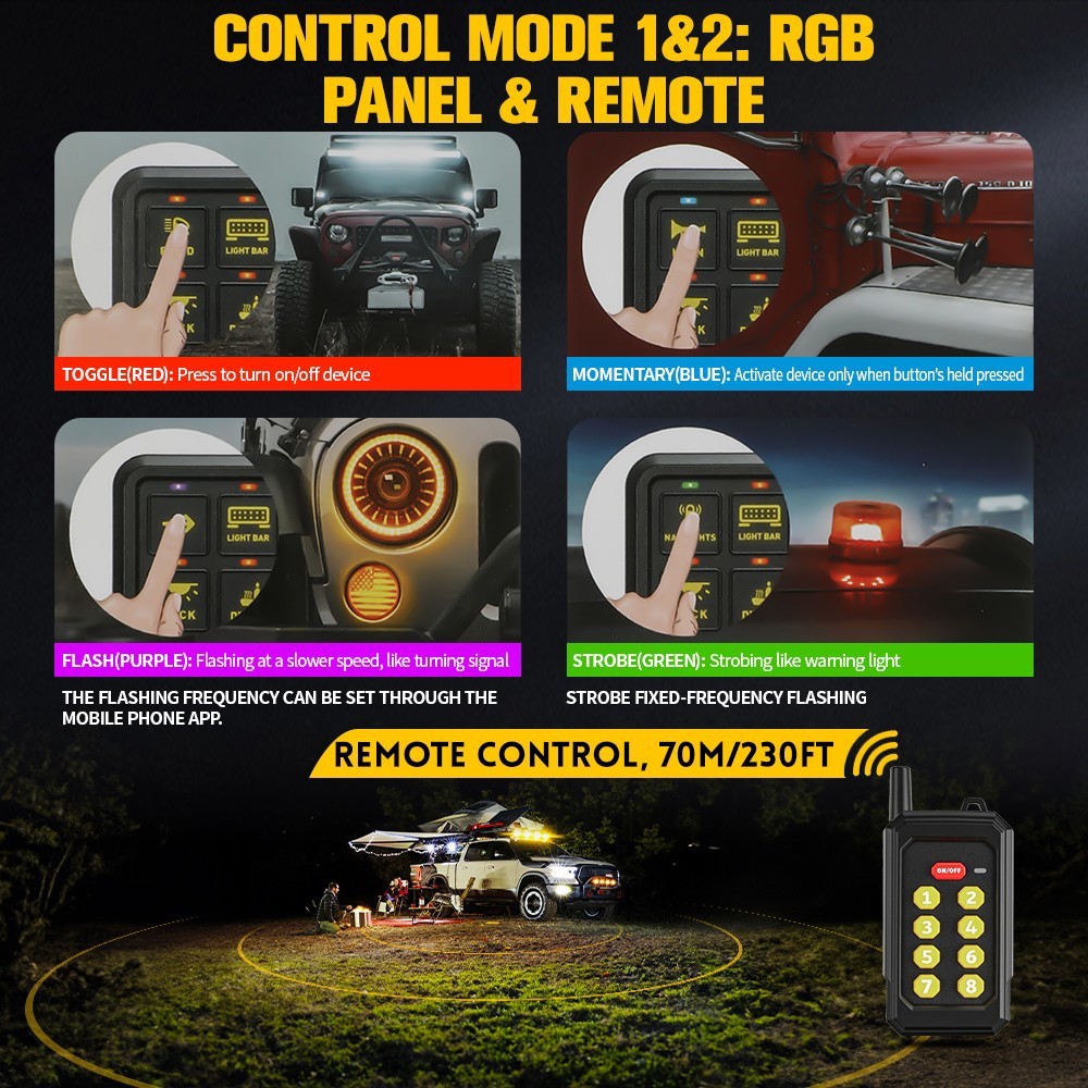 RGB 8 Gang Switch Panel Relay System Remote + Bluetooth app For Can-Am Maverick