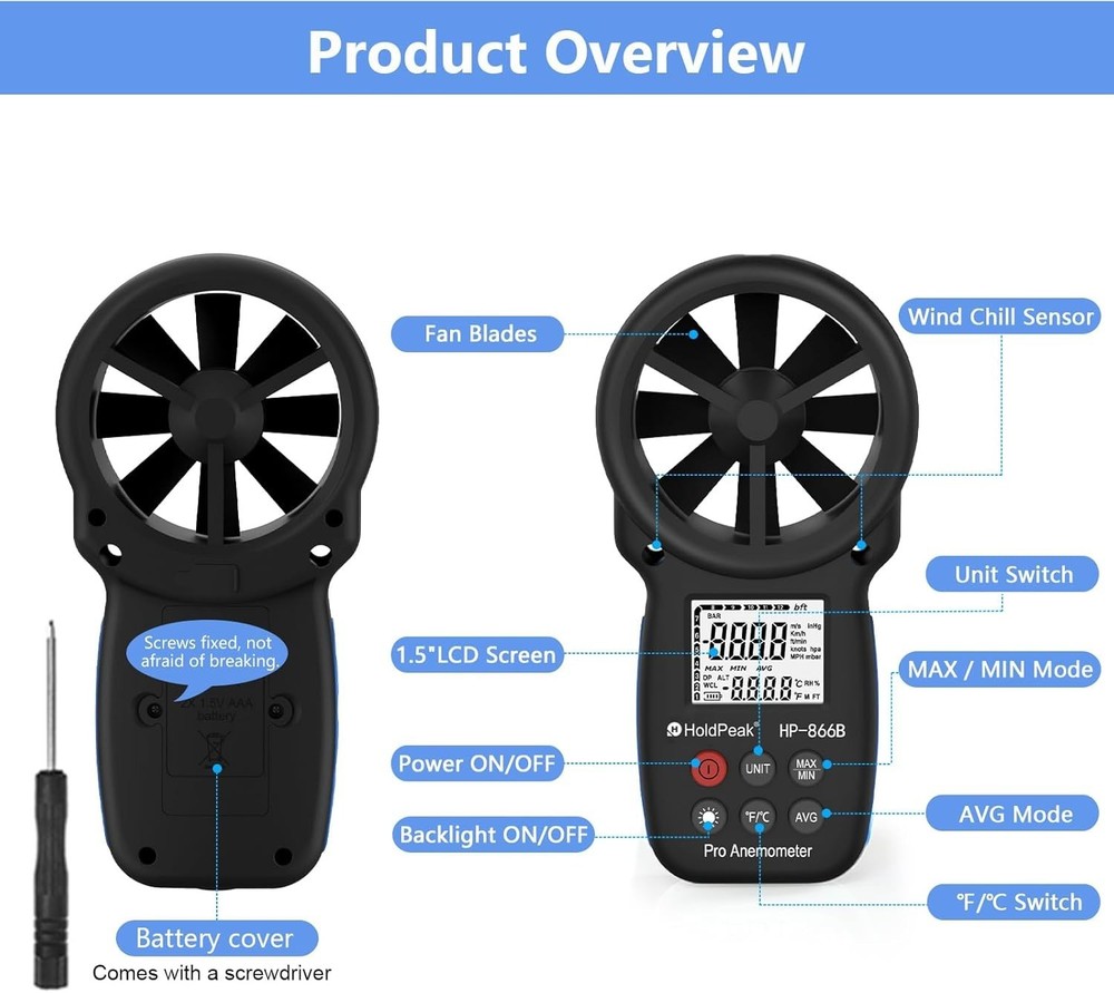 Lightweight Handheld Anemometer with Tripod Hole
