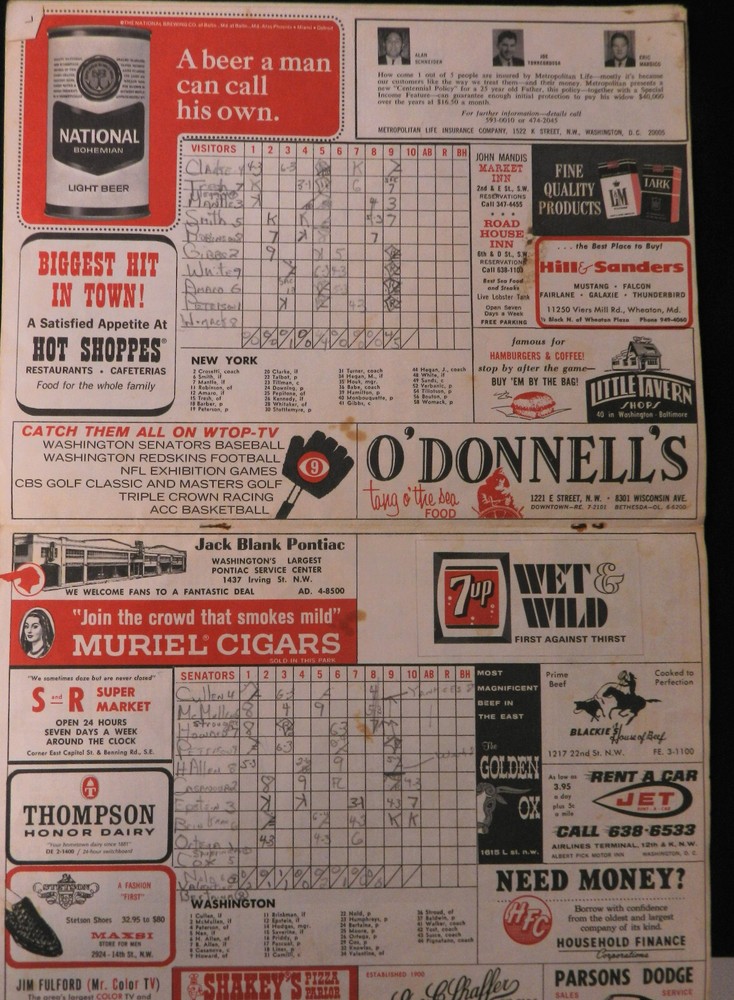 1967 Washington Senators MLB Baseball Game Program