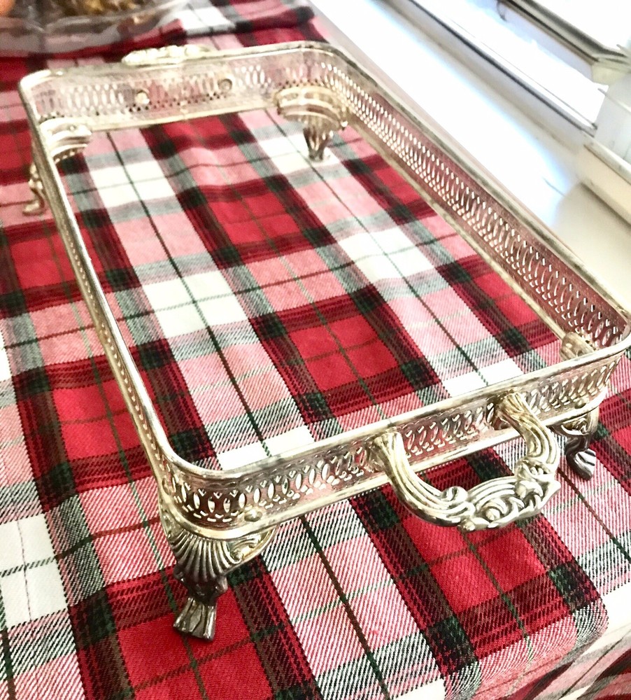 Vintage Geometric W/ Ornate Silver Tone Handles and feet Rectangular server