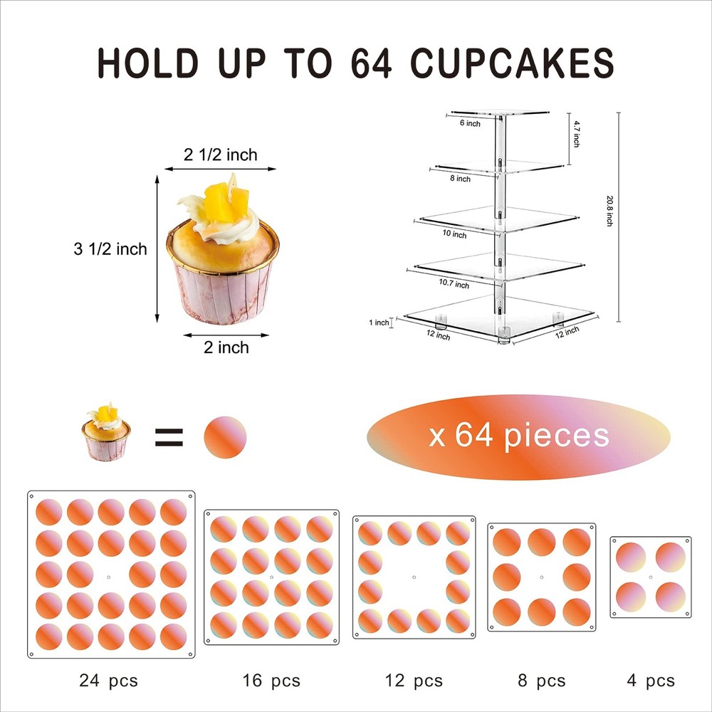 OLACHIKKO 5-Tier Square Cupcake Stand with LED Light String - Acrylic Display