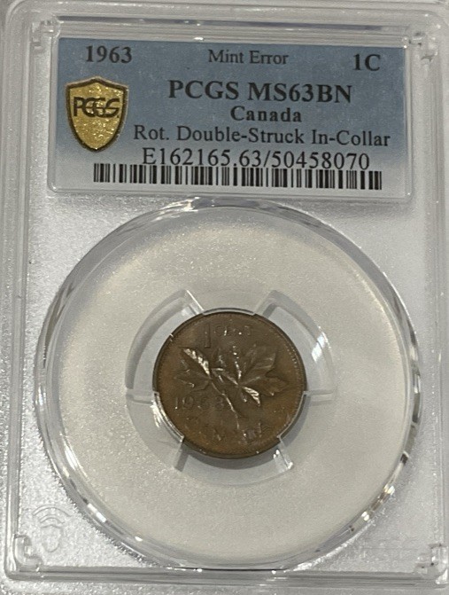 1963 Canada 1 Cent ERROR rotated double struck in collar PCGS MS63BN