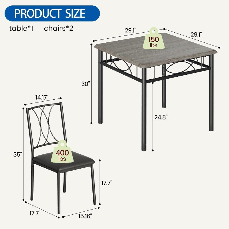 Dining Table Set for 2, Square Dinner Table Sets with 2 Upholstered Chairs
