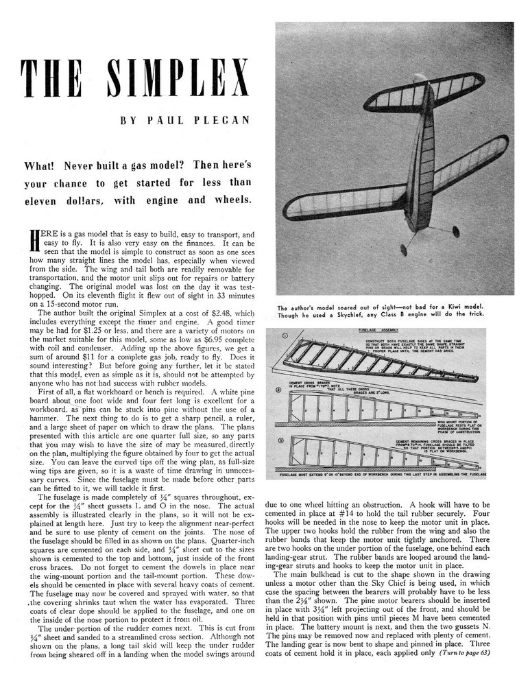 Model Airplane Plans (FF): Vintage SIMPLEX 60" (Paul Plecan)