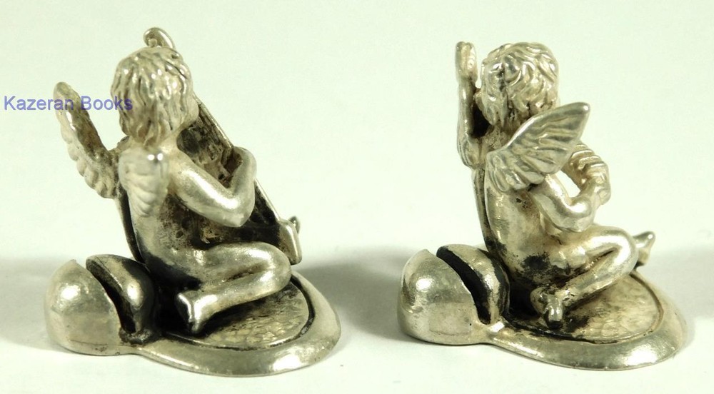 2x Vintage Solid Silver Miniature Cherub Putti Musician Place Menu Holders