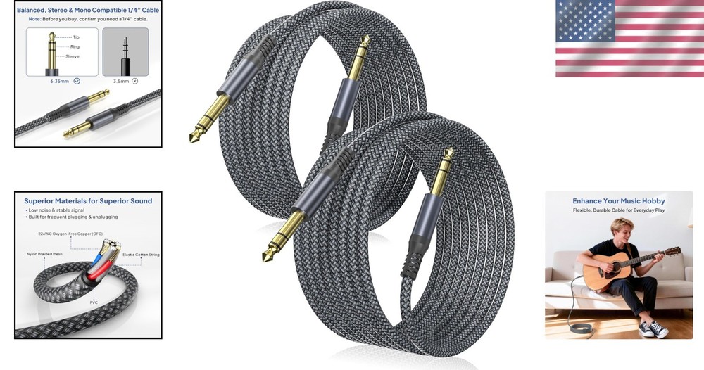 1/4" TRS Instrument Cable 15ft 2-Pack