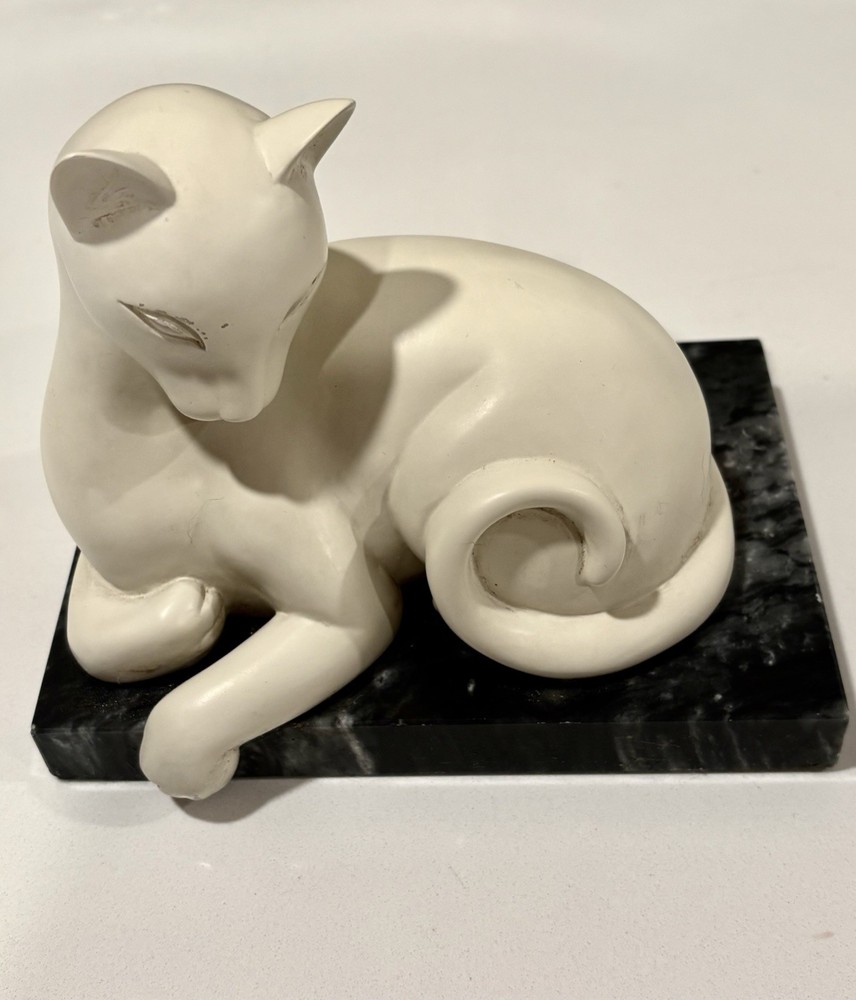 Crowning Touch Art Deco Style White Ceramic Siamese Cat Bookend On Marble Base