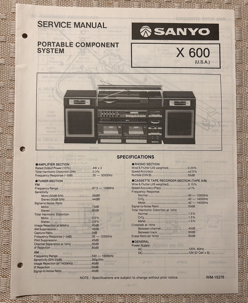Aug/85 Sanyo X600 Portable Component System Service  Manual