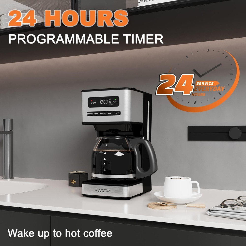 12-Cup Programmable Coffee Maker, Regular & Strong Brew Drip Coffee Machine, ...