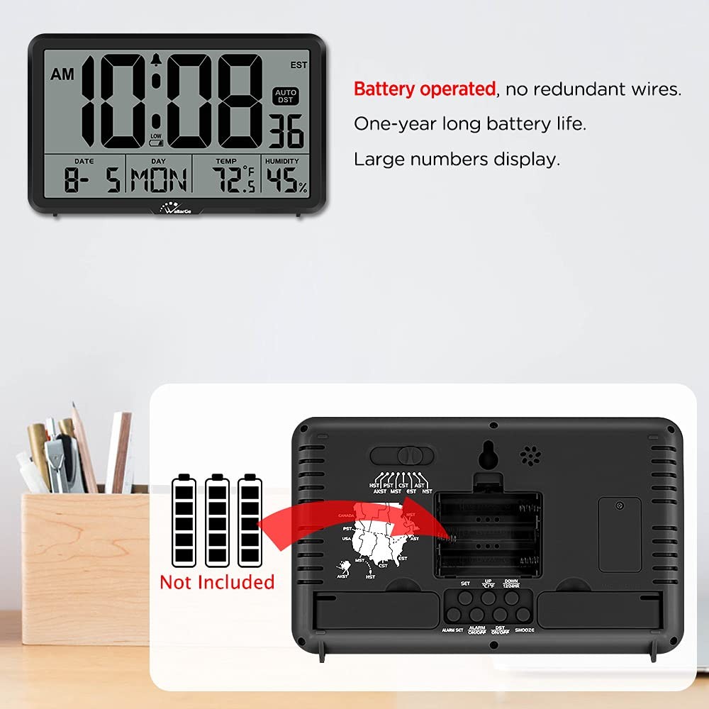 Elderly Friendly Digital Wall Clock, Large Display, Date Alarm, Black