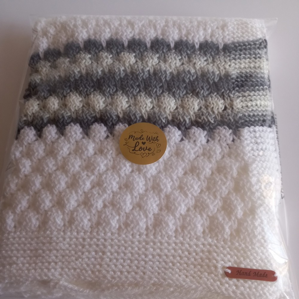 Hand Knitted White and Grey Baby Blanket