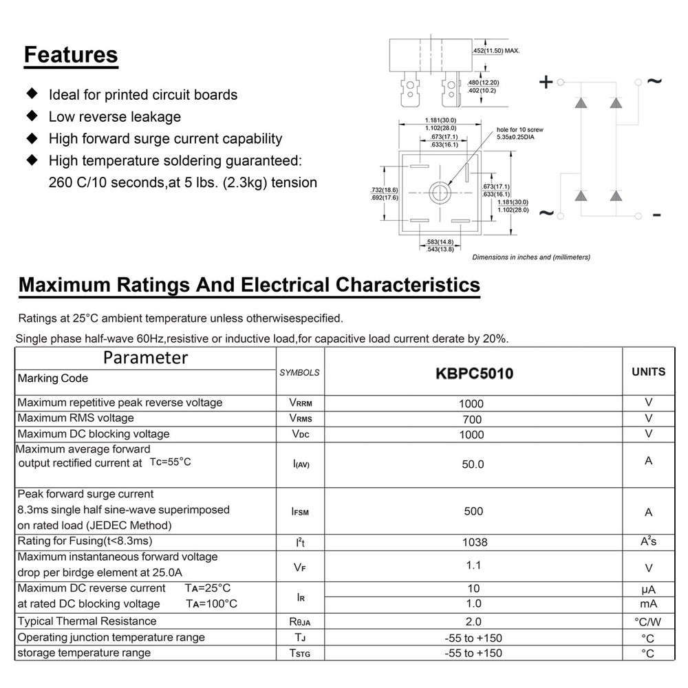 ALLECIN KBPC5010 Bridge Rectifier Diode 50A 1000V KBPC 5010 Electronic...