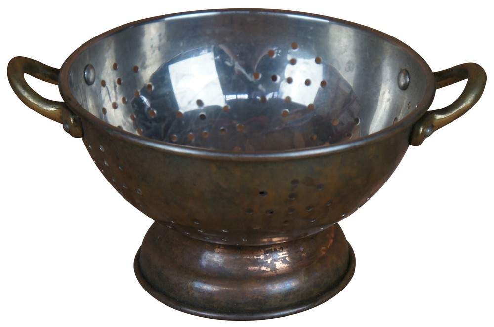 Vintage Stainless Copper Brass Handled Strainer Colander Kitchen Cookware 8"